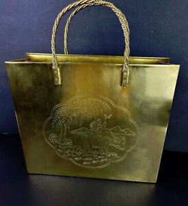 VTG 80's BRASS Shopping Bag Magazine Rack Holder Chinoiserie Scene Maximalist