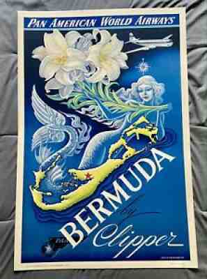 Vintage Original Pan American World Airways Bermuda By Clipper Poster 1949