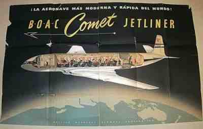 B.O.A.C. COMET JETLINER. ORIGINAL c1952 POSTER. 40" by 25". NEEDS RESTORATION
