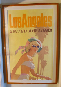 VINTAGE MCM ORIGINAL 1950'S UNITED AIRLINES POSTER LOS ANGELES STAN GALLI FRAMED