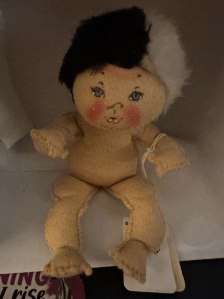 1962 5" Annalee baby with black/white puff hat! Great shape for an older doll!