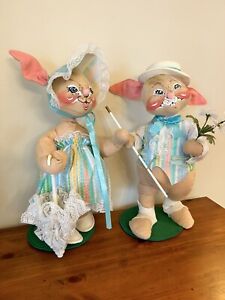 Vintage Large 21” Annalee Easter Parade Bunny Rabbit Couple 1996 Parasol Set 2
