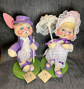 Two Easter Annalee Dolls 1990 Vintage 12" Bunnies on Easter Parade.  Orig. Tags