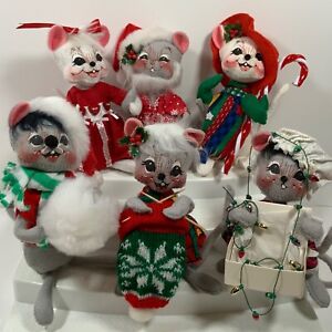 6 Annalee Christmas Mice Dolls Candy Cane Knitting Tree Lights Snowball 7” Tall