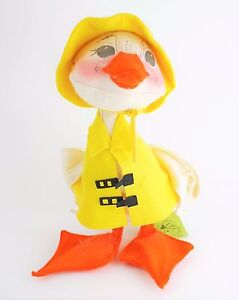 VINTAGE ANNALEE Large Plush Duck in Yellow Raincoat & Hat -  Stands 13.5" Tall