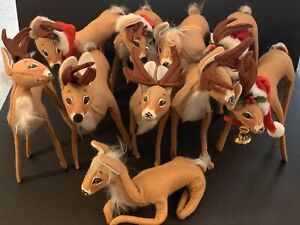 Annalee 1987-93 Christmas Posable Reindeer Deer Doe Santa Hat Bell - Lot of 10