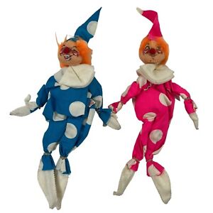 Vintage 1969 Annalee Mobilitee 11" Clown Doll Poseable Lot 2 Blue Pink Polka Dot