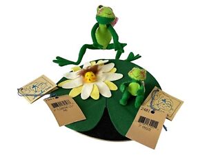 Vintage Annalee Set of 3-8" Flowering Lily Pad-3" Froggie-10" Leaping Frog NOS