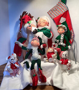 8 Vntg Annalee Elf Mouse Reindeer Christmas Dolls Mrs. Claus Lot Mobilitee 80-09