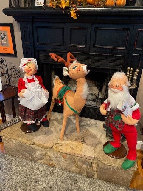 Large Vintage 1996 30" Annalee Christmas Set of Three Santa, Mrs. Clause, Rudolf