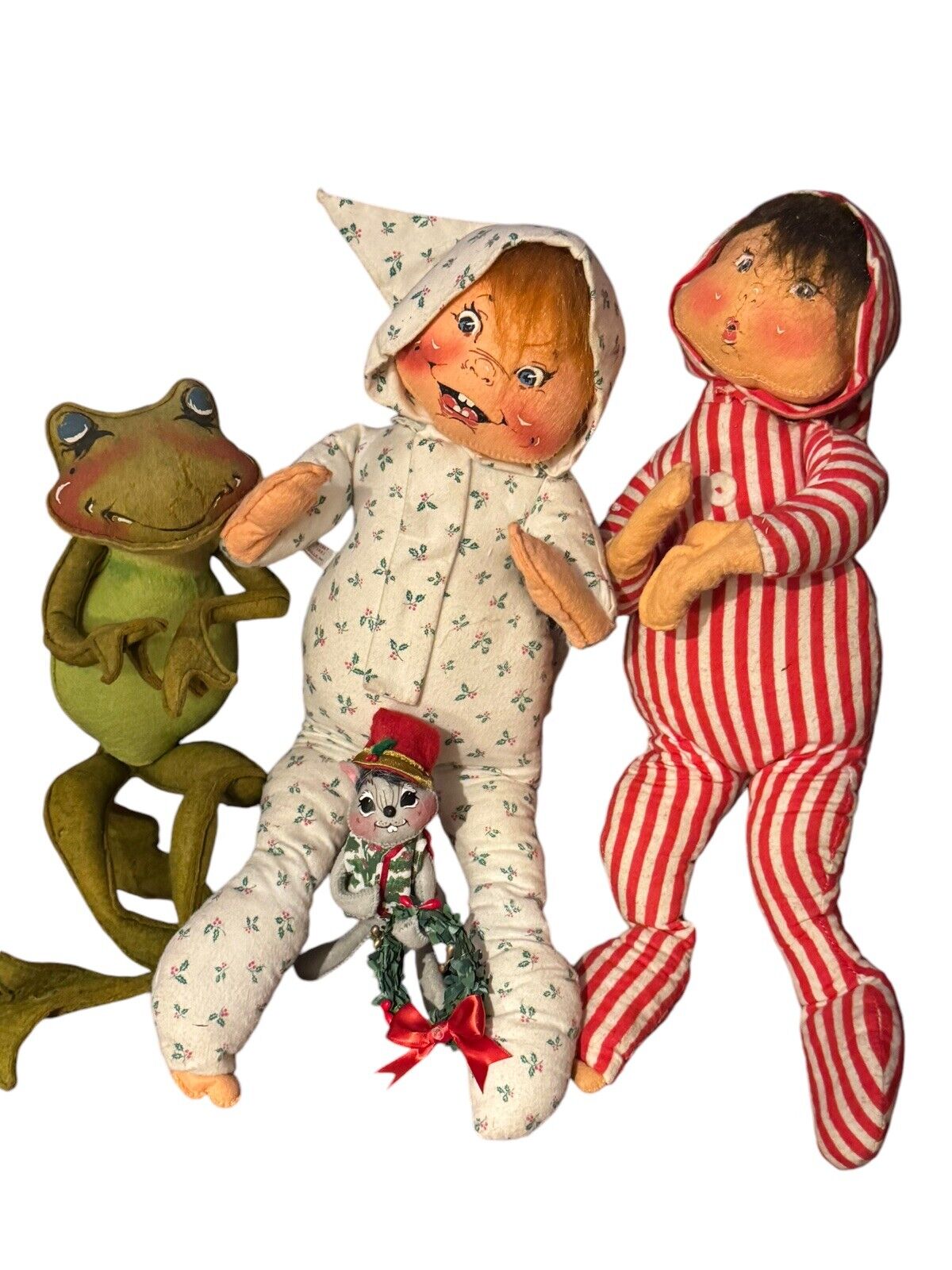 New Listing4 Vintage Annalee Christmas Baby Dolls in Holly Decorated Pajamas Frog & Mouse