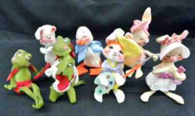 Lot of 7 Vintage 1960s Cloth Annalee Mobilitee Dolls Mr. Mrs. Frog Rabbits, Duck