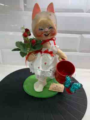 1990 Annalee 10” Country Girl Bunny with Strawberries and Watering Can
