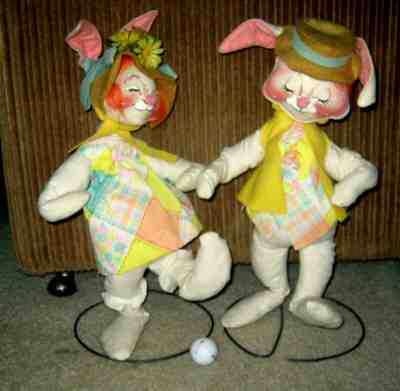 Very Large ANNALEE Vintage Easter Rabbits Bunny Pair With Stands SO CUTE!