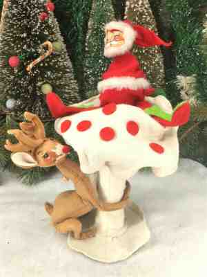 Vtg 1971 USA ANNALEE Silly Tipsy SANTA ~RUDOLPH & GIANT MUSHROOM Xmas Decoration