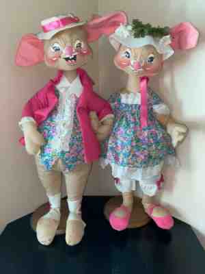 VINTAGE 32” ANNALEE MR. & MRS. EASTER BUNNY RABBITS ON WOODEN BASE