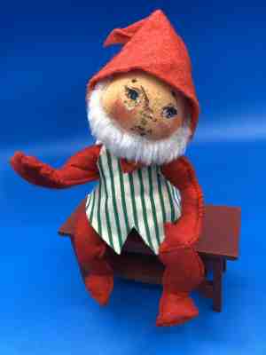 Annalee Doll 7” Red Gnome with Green & White Vest 1963 Tush Tag Vintage Annalee