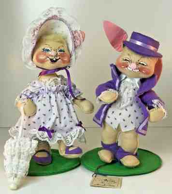 Annalee 1990 Bunny Couple Pair Doll Figurines In Lavender 12.5" Tall