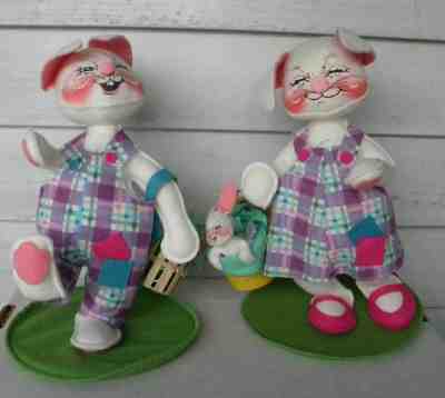1998 ANNALEE Easter Bunny Dad Boy with Backpack Girl Mom with Baby in Basket