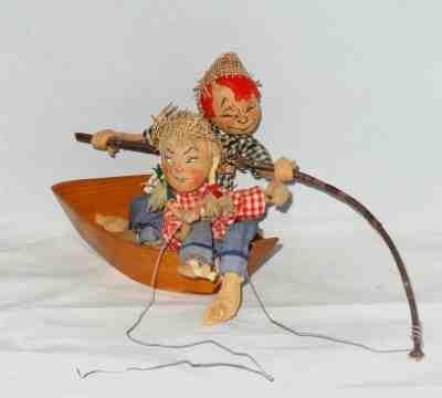 Vintage Antique Annalee Mobilitee Doll 10" Fishermen in Boat - 1955 - Rare - Set