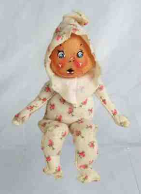 Rare Vintage Annalee Mobilitee 1964 Baby in Pink Rosebud Hooded Pajamas 7" Doll
