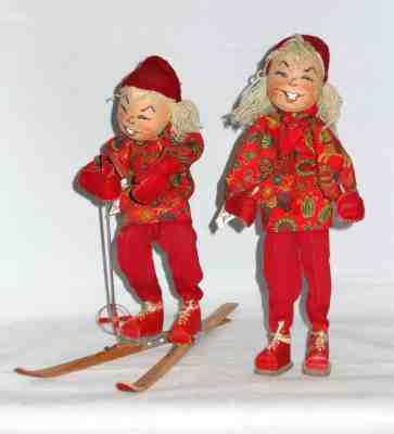 Vintage Antique Annalee Mobilitee Doll 10 Skier 1957-1959 - Set of 2