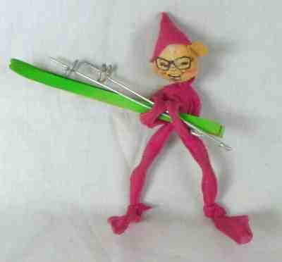 True Vintage 1966 Hot Pink Felt Annalee Doll Skier Skiing Elf Shelf Sitter 8"