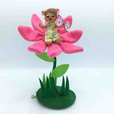 2012 Annalee 3" Mouse on 10" Spring Blossom Flower with Pink Butterfly EUC