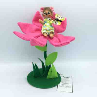 2012 Annalee 3" Mouse on 10" Spring Blossom Flower Yellow Butterfly w/ Tag EUC