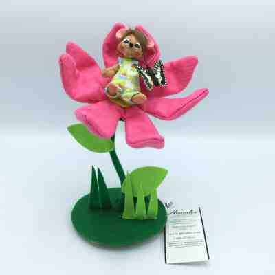 2012 Annalee 3" Mouse on 10" Spring Blossom Flower Black Butterfly w/ Tag EUC