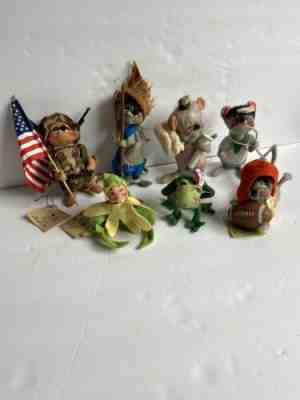 7 Vintage Lot  Annalee Dolls - Frog Football Nurse Tennis Army Flower Fisherman
