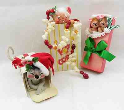3 Vintage Annalee Dolls Christmas Gift Box 1990 1996 & Popcorn 1997 Mouse Mice