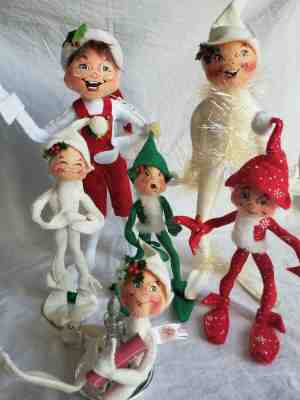 Vintage Annalee Mobilitee Elf Lot (6) -Various sizes and years- Felt- Posable 