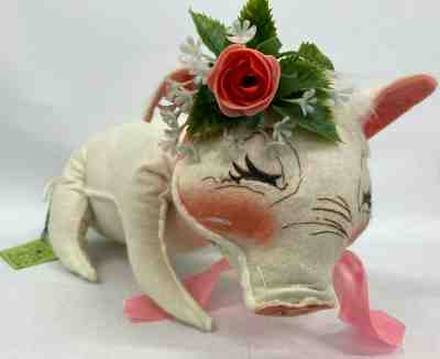 Vintage Annalee Mobilitee Dolls Pig with Pink Bow & Roses Felt Body