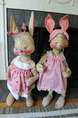 2 Vintage HUGE STORE DISPLAY ANNALEE Female Easter Bunny Rabbits 35" Tall