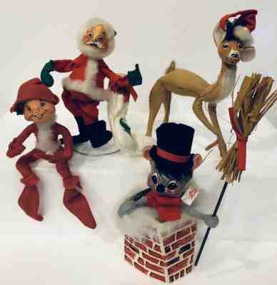 4 VTG Annalee Mobilitee 1957-65 Christmas Elf Reindeer Chimney Sweep Mouse Santa