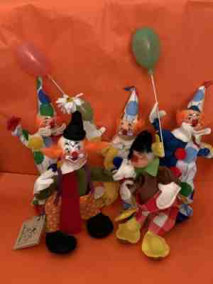 5 Vintage Annalee Clown Doll Lot 10”Yellow Orange Blue Red and Hobo