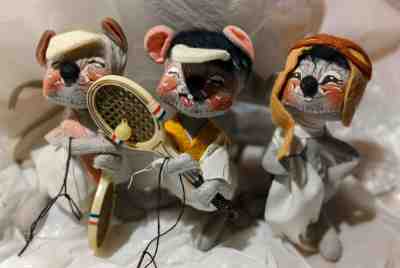 3 Vintage 1965 Annalee Mobilitee Dolls pilot, female & male tennis mice, used
