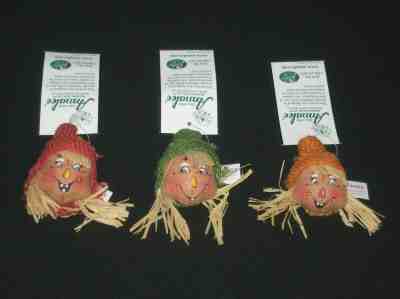 ANNALEE Three (3) Scarecrow Head Pins / Magnets ~ Red * Green * Orange ~ NWT '02