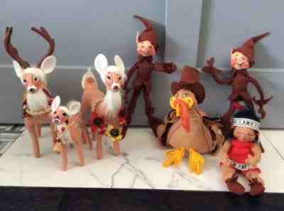 ANNALEE VINTAGE THANKSGIVING DEER FAMILY, TURKEY, NATIVE AMERICAN GIRL, ELVES