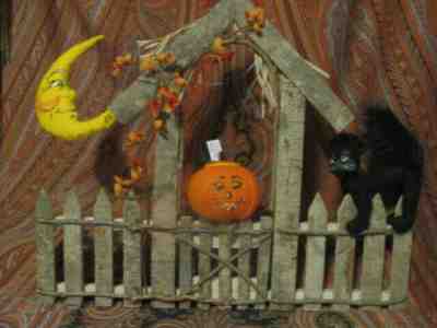 Vintage 2002~ Annalee~Wooden Halloween Fence~Black Cat-Moon-Jack O'Lantern