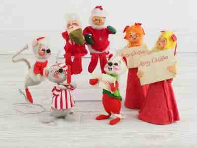 Lot 7 Vtg Annalee Mobilitee Dolls Christmas Carolers Santa Skater Mouse 1970-71