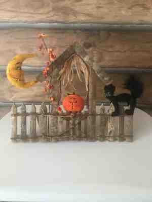 Vintage 2002~ Annalee~Wooden Halloween Fence~Black Cat-Moon-Jack O'Lantern