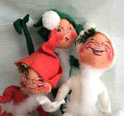 Vtg ANNALEE 3 ELVES 1957 CHRISTMAS Orange White Green Handpainted Faces '87 '86