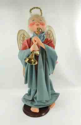 Vintage HUGE 30" Heralding Christmas Angel by ANNALEE Playing Trumpet Wood Stand