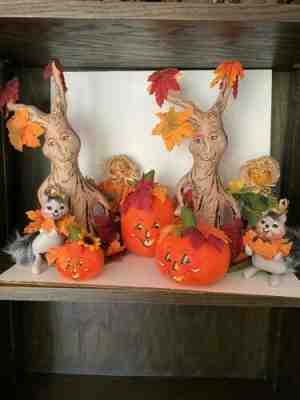 Lot Of 9 Fall Annalee Dolls. 2 Trees, Mice, Scarecrows & 3 Pumpkins. New