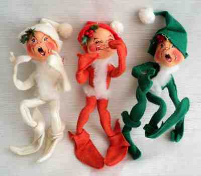 Perfect Vtg ANNALEE 3 ELVES 1957 CHRISTMAS Red White Green Handpainted Faces '87