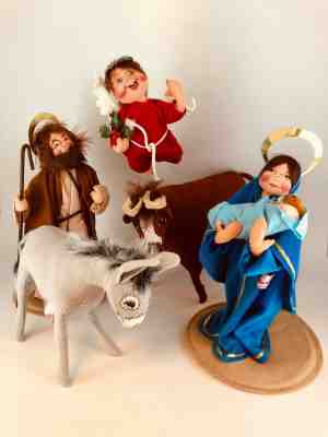 Annalee Dolls, Nativity Set of 6, Mary & Baby Jesus, Joseph, Ox, Donkey, Angel