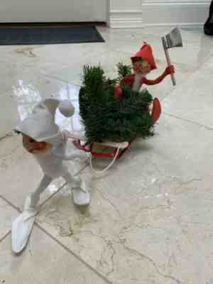 Annalee Green Elf on A Sled 1957/87 Vintage Dolls n Tree Axe