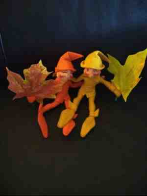 Pair Of Two Annalee 95 Thorndike Gold And 94 orange  Elf With Leaf
